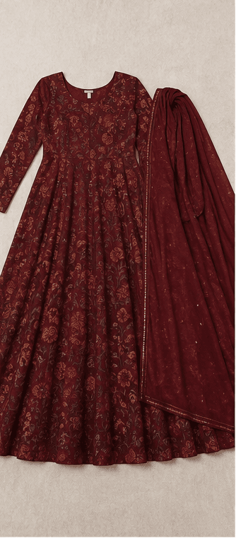Maroon Printed Flared Gown with Dupatta, view 6