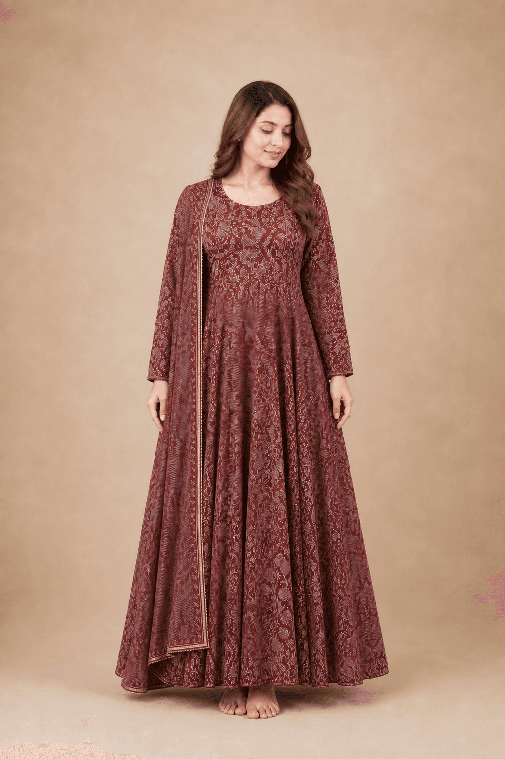 Maroon Printed Flared Gown with Dupatta, view 2
