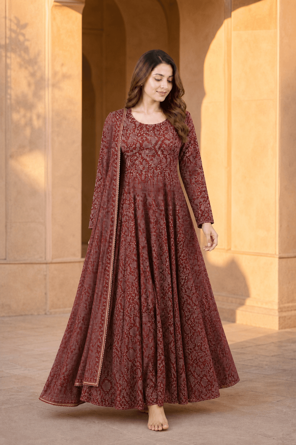 Maroon Printed Flared Gown with Dupatta, view 3