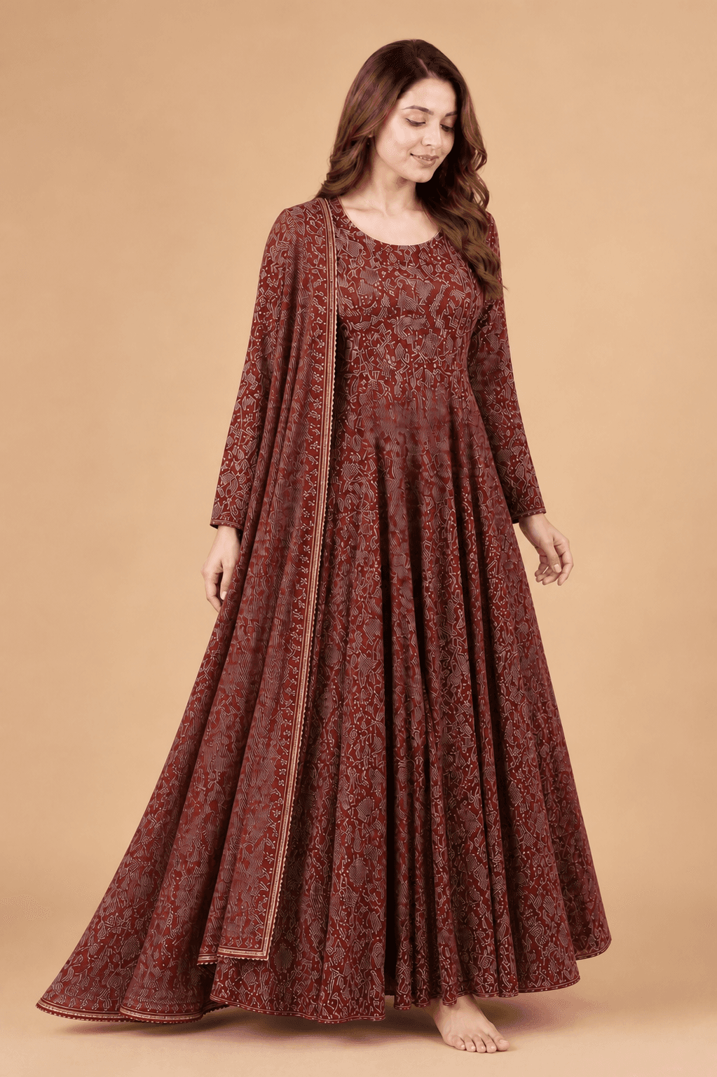 Maroon Printed Flared Gown with Dupatta, view 4