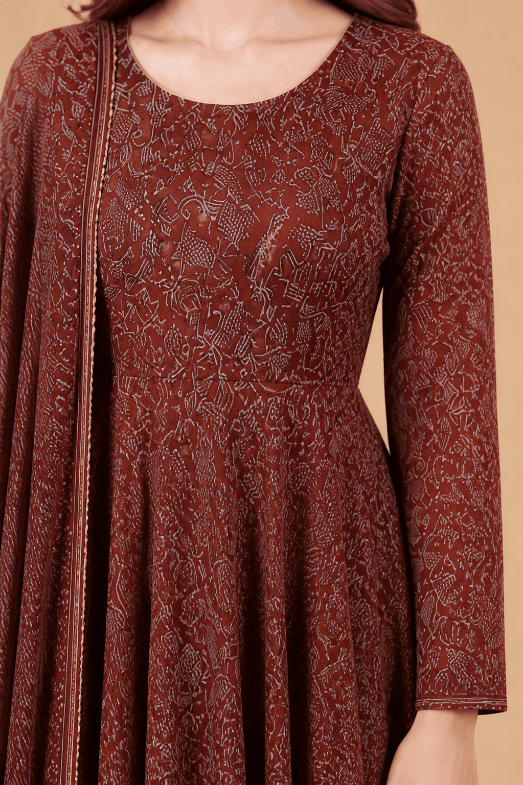 Maroon Printed Flared Gown with Dupatta, view 5