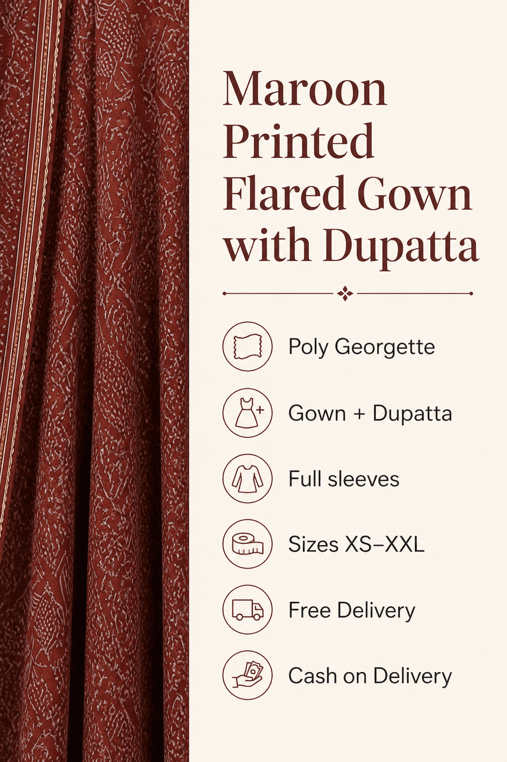 Maroon Printed Flared Gown with Dupatta, view 6