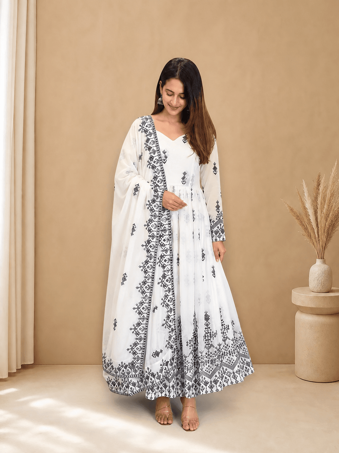 White Georgette Anarkali with Dupatta, view 2