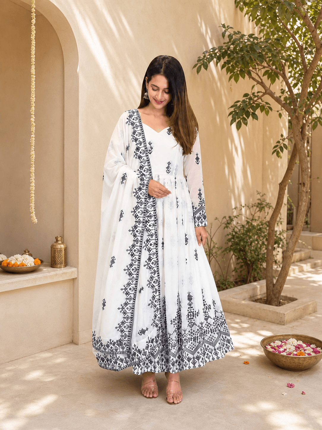 White Georgette Anarkali with Dupatta, view 3