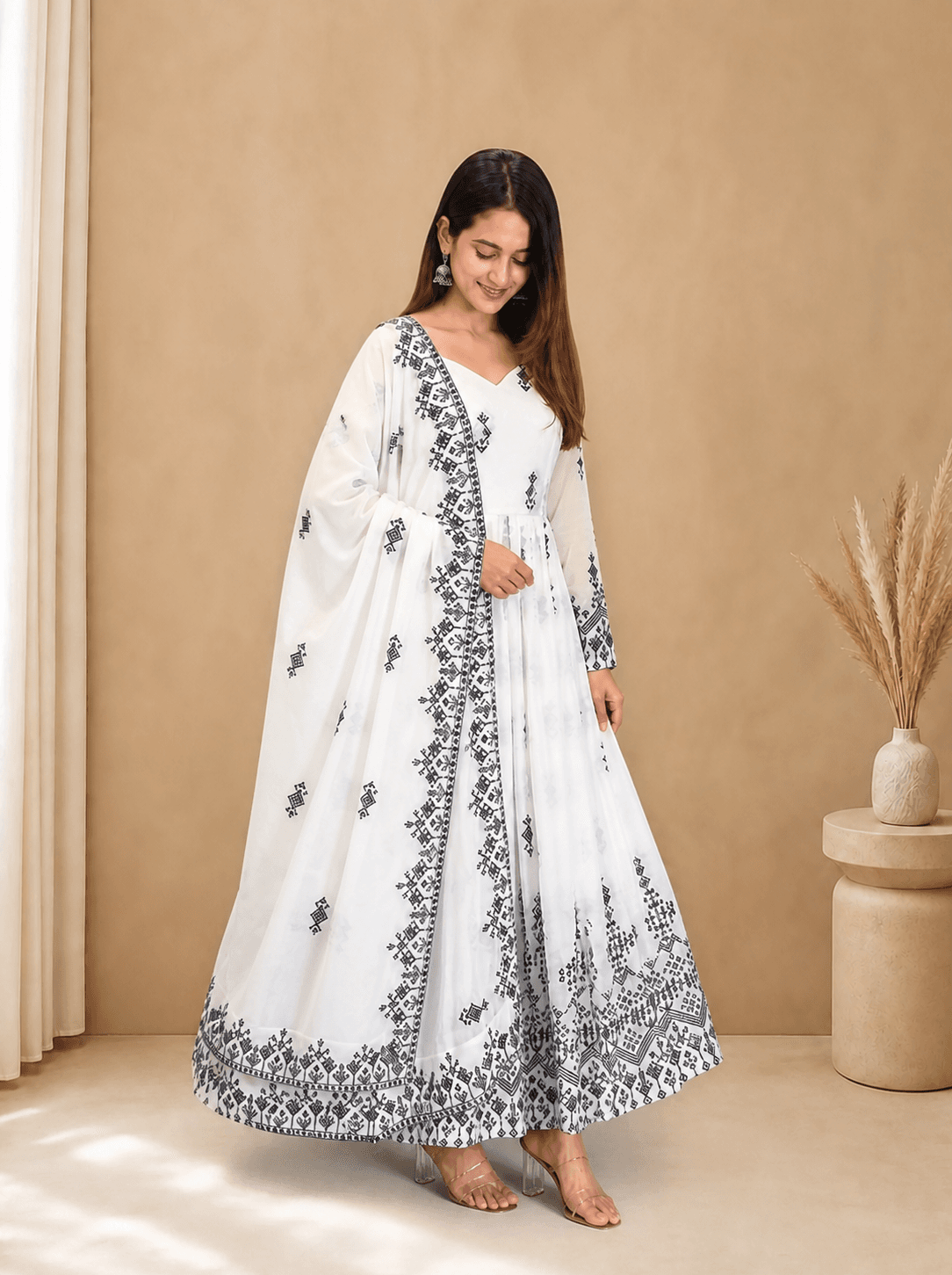 White Georgette Anarkali with Dupatta, view 4