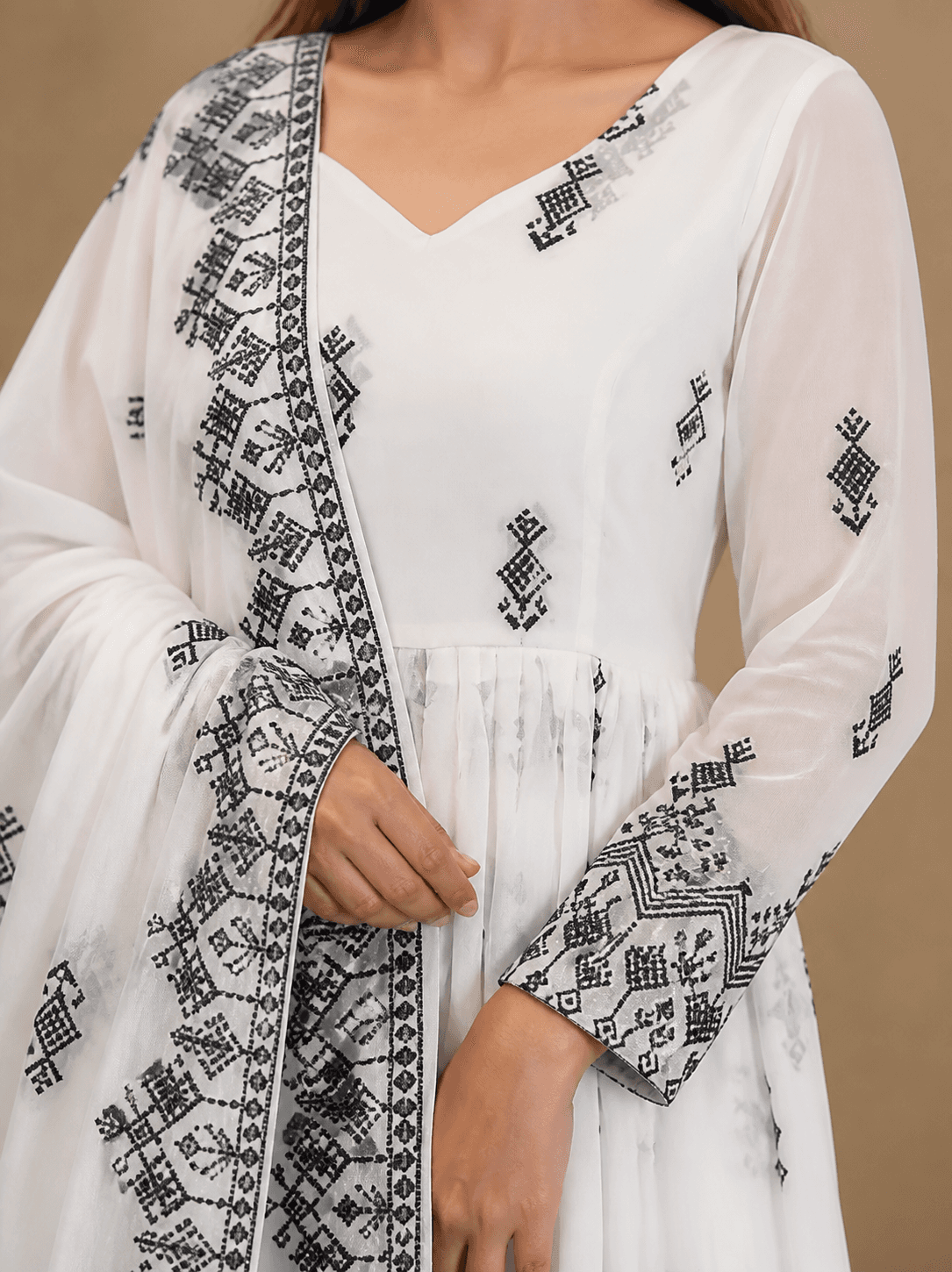 White Georgette Anarkali with Dupatta, view 5