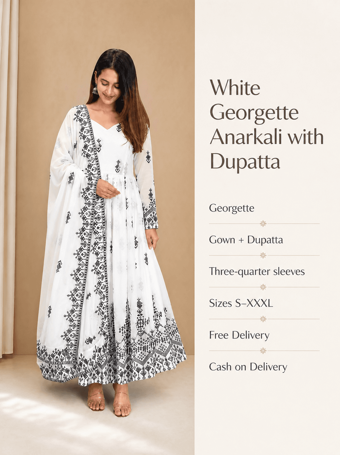 White Georgette Anarkali with Dupatta, view 6