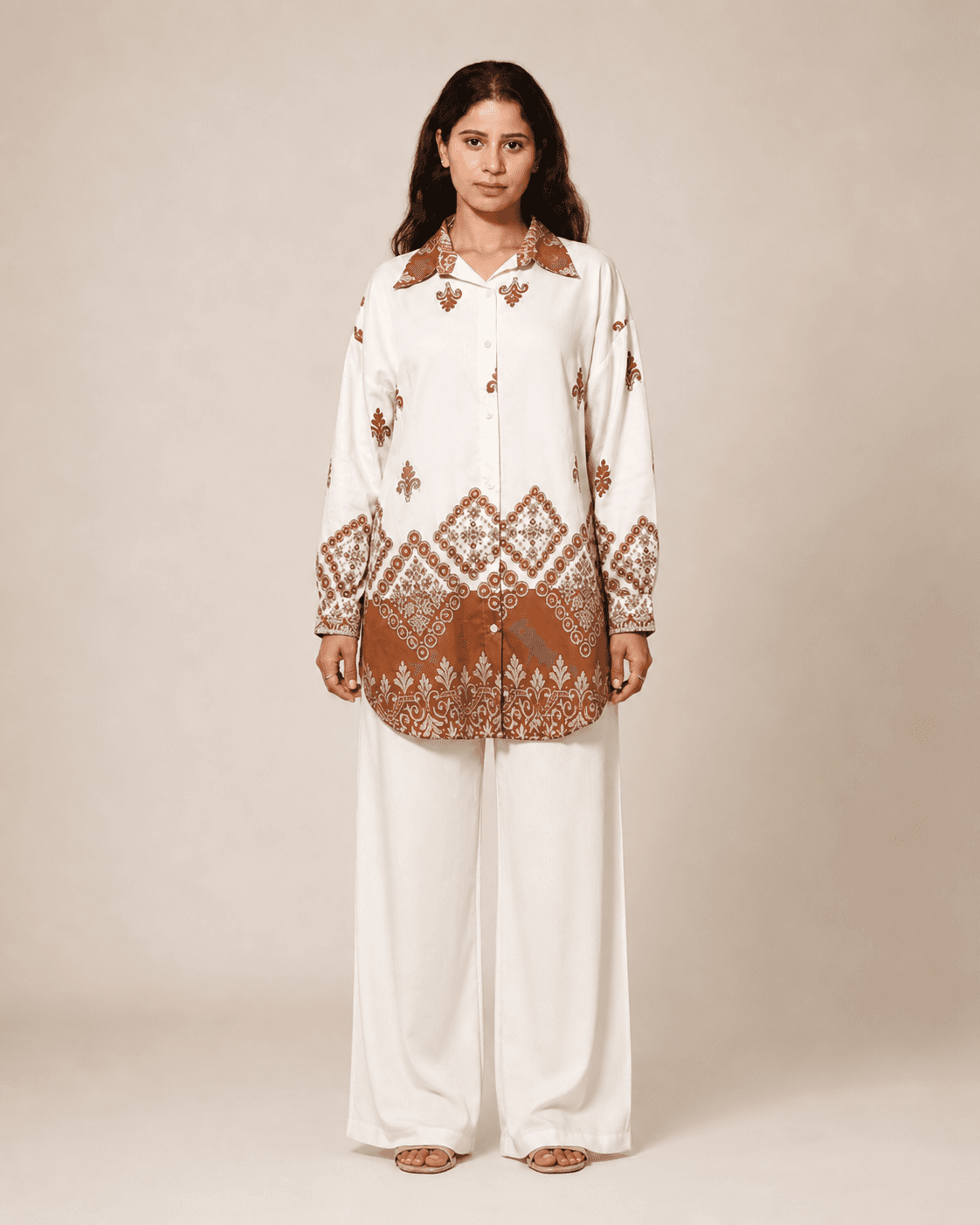 Cream Printed Cotton-Blend Co-ord Set, view 2
