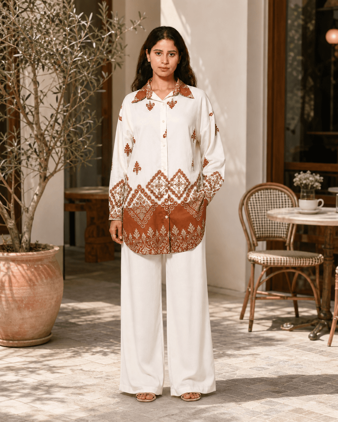 Cream Printed Cotton-Blend Co-ord Set, view 3