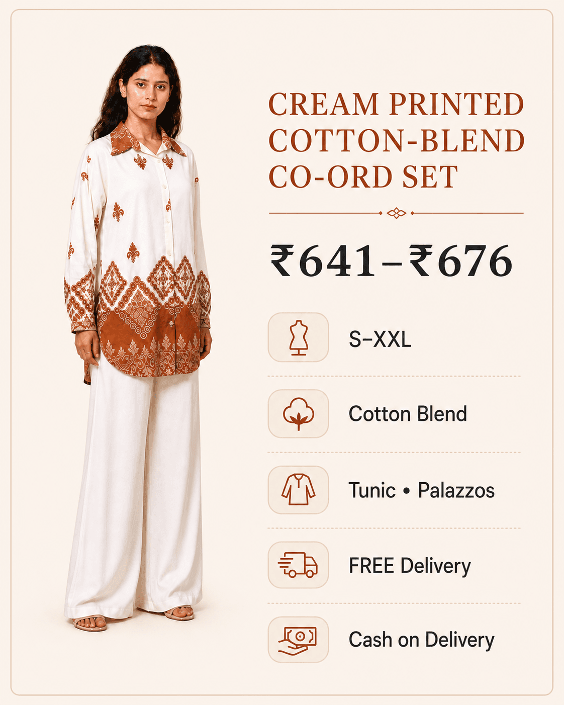 Cream Printed Cotton-Blend Co-ord Set, view 6