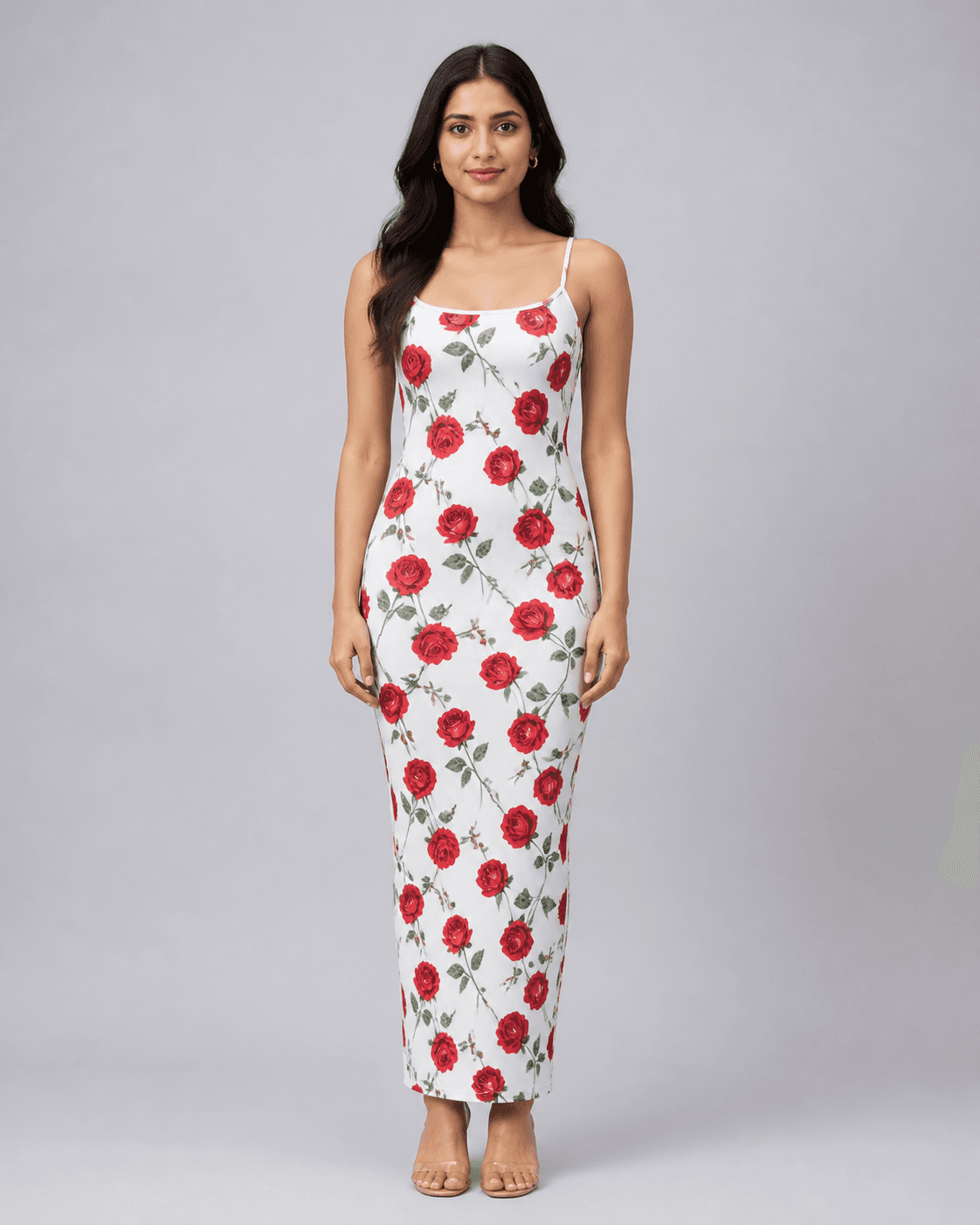 White Rose-Print Lycra Bodycon Maxi Dress, view 2