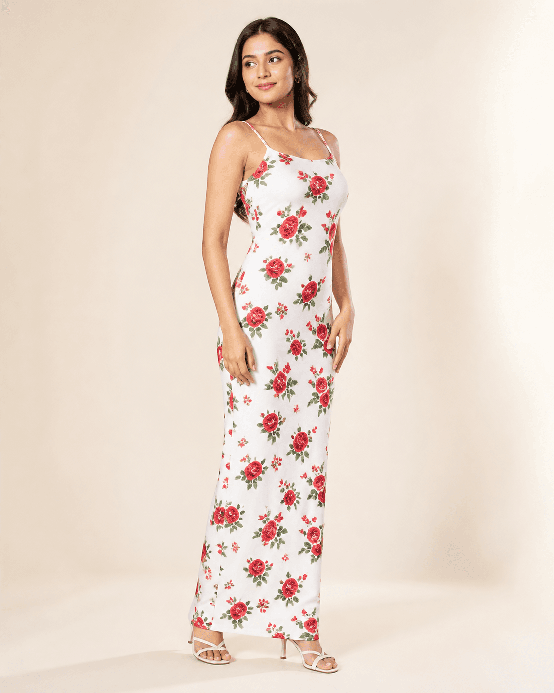 White Rose-Print Lycra Bodycon Maxi Dress, view 4