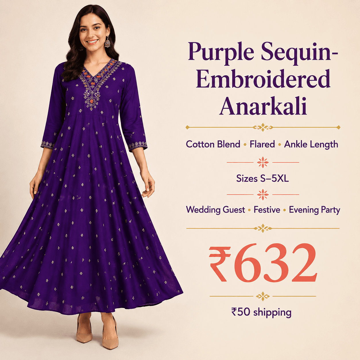 Purple Sequin-Embroidered Anarkali, view 6