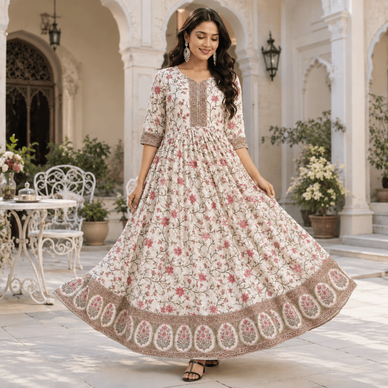 Ivory Floral Rayon Flared Gown, view 3