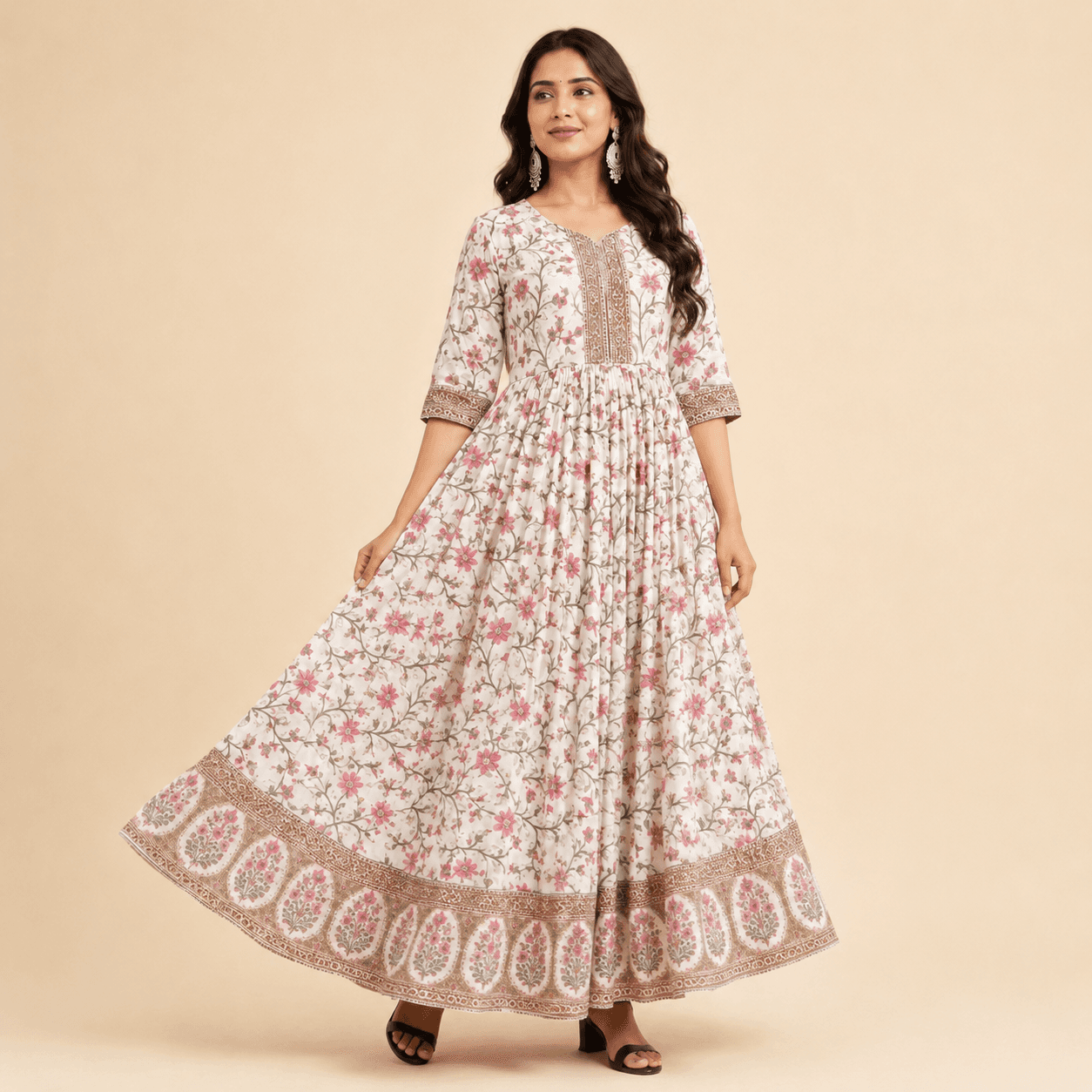 Ivory Floral Rayon Flared Gown, view 4