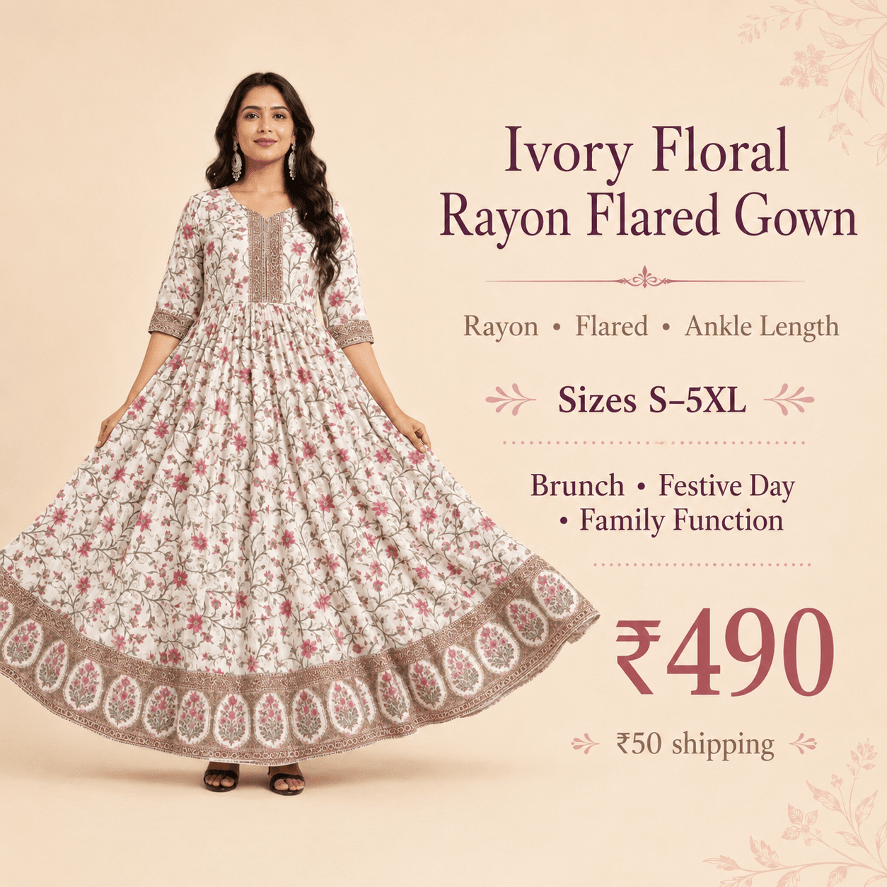 Ivory Floral Rayon Flared Gown, view 6
