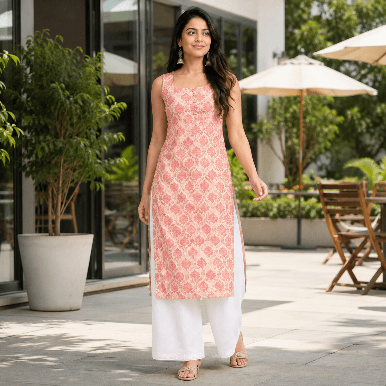 Peach Printed Kurta Palazzo Set, view 3