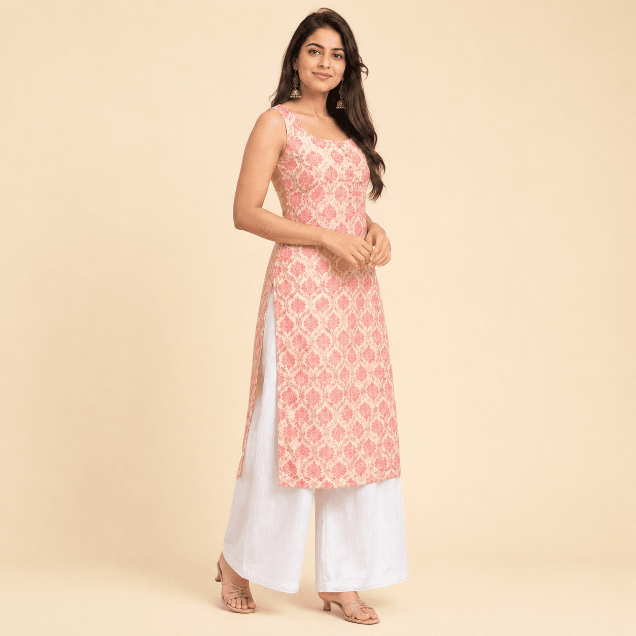 Peach Printed Kurta Palazzo Set, view 4