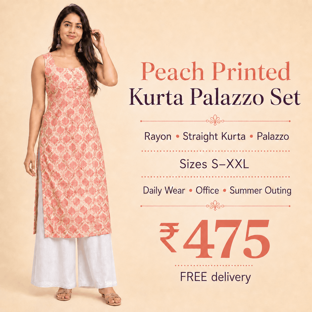 Peach Printed Kurta Palazzo Set, view 6