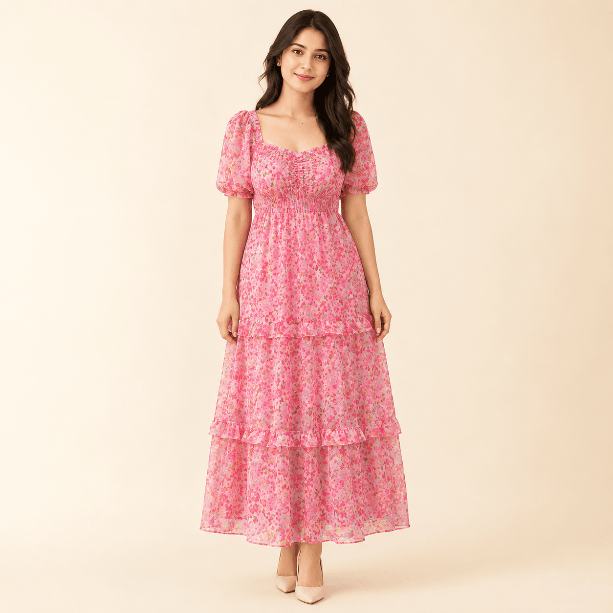Pink tiered georgette maxi dress from Dealstore