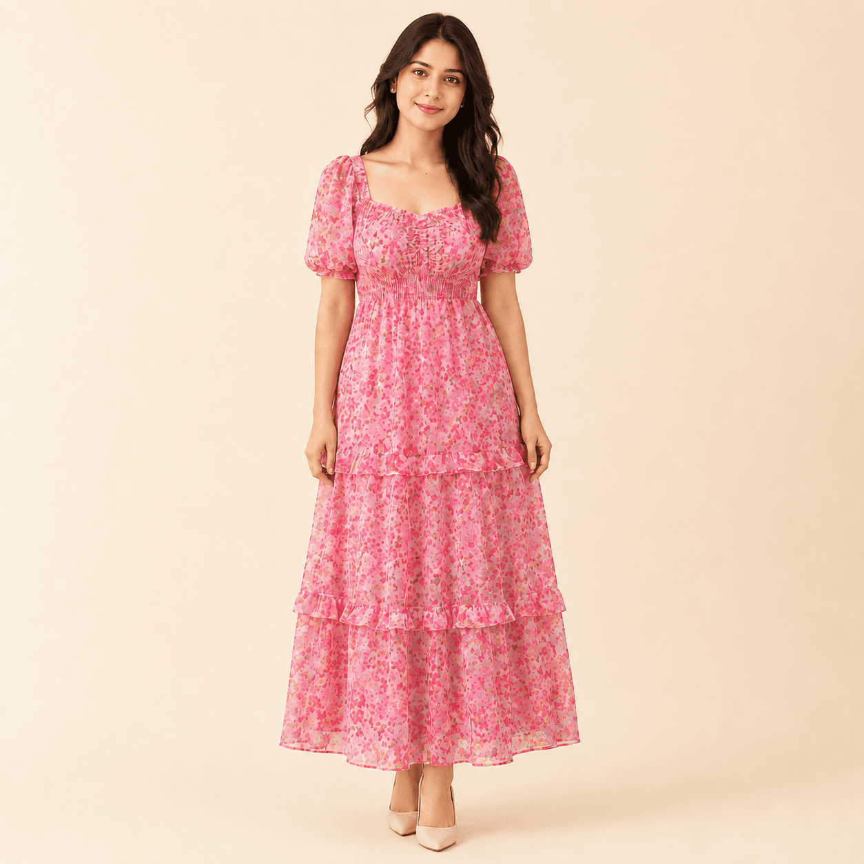 Pink Tiered Georgette Maxi Dress, view 2