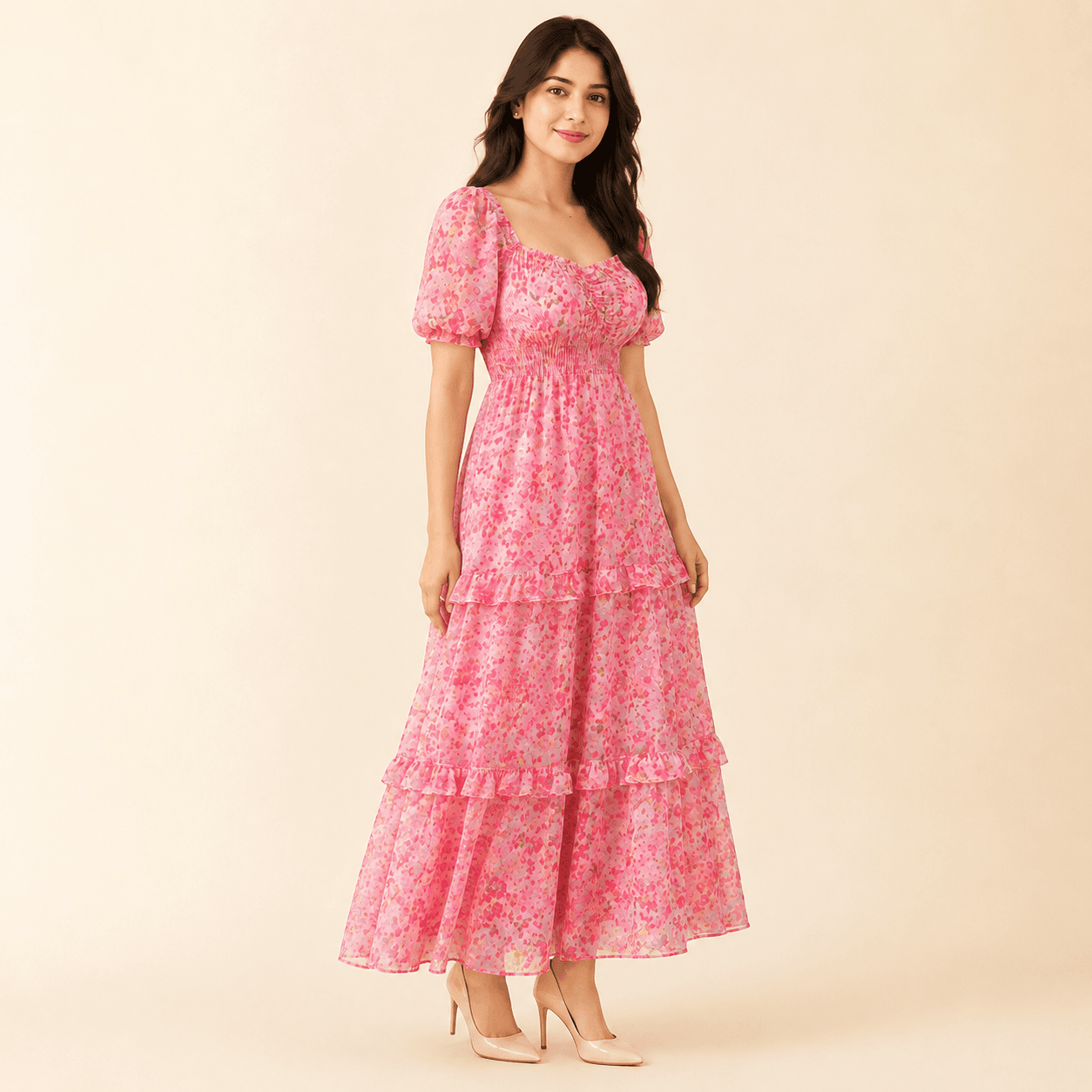 Pink Tiered Georgette Maxi Dress, view 4