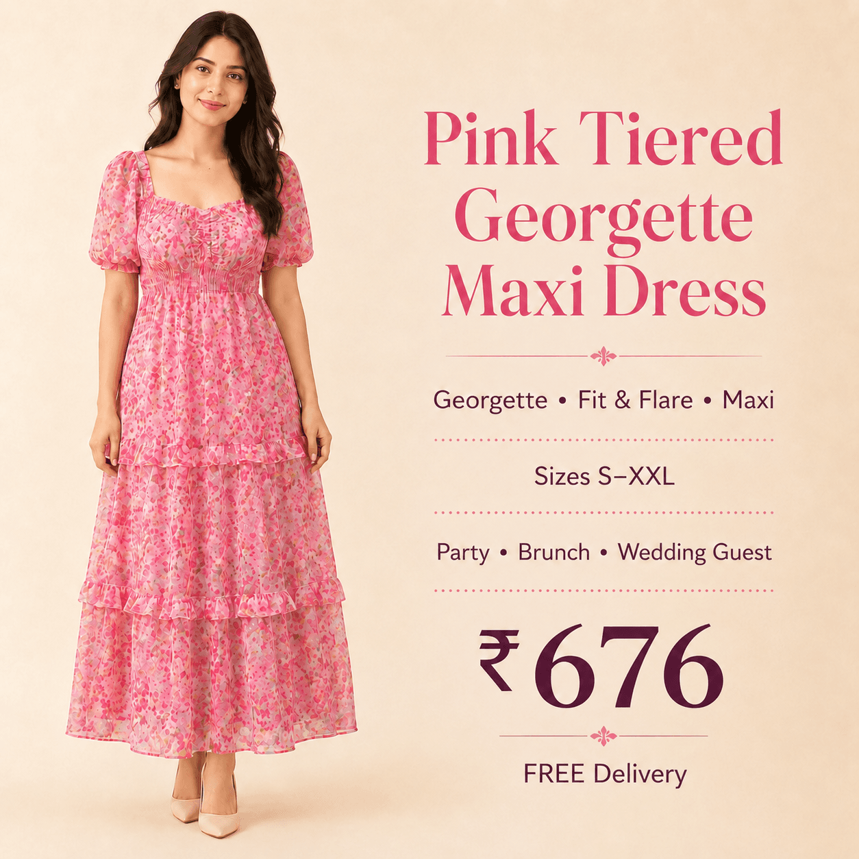 Pink Tiered Georgette Maxi Dress, view 6