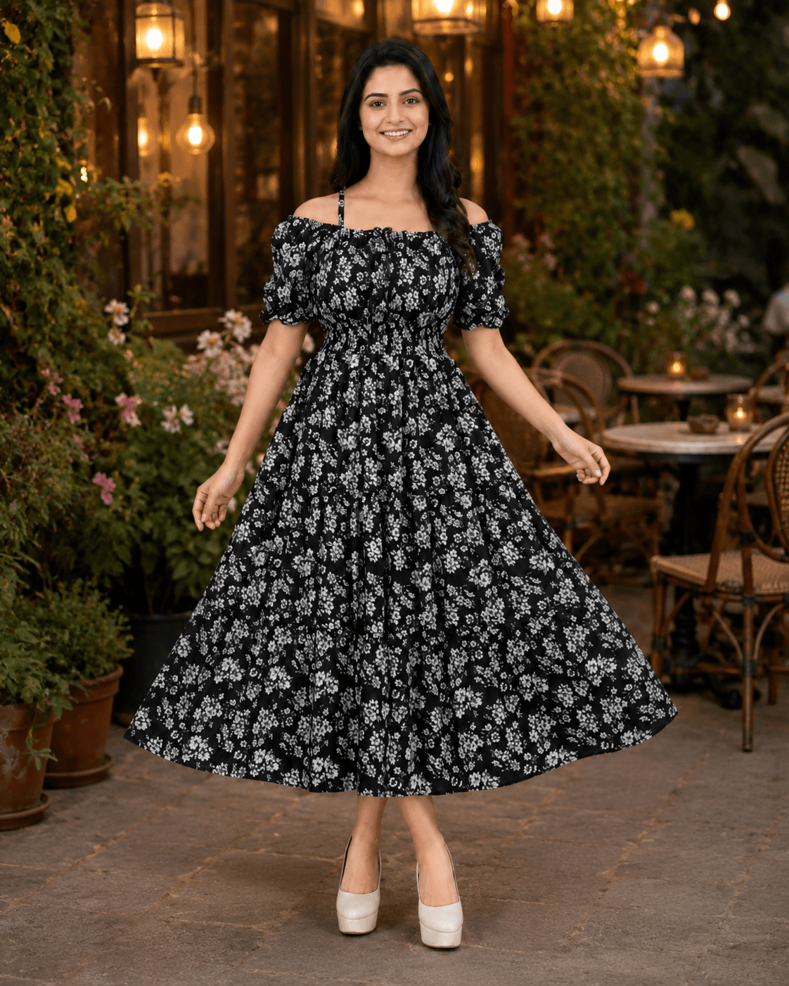 Black Floral Fit-and-Flare Maxi Dress, view 3