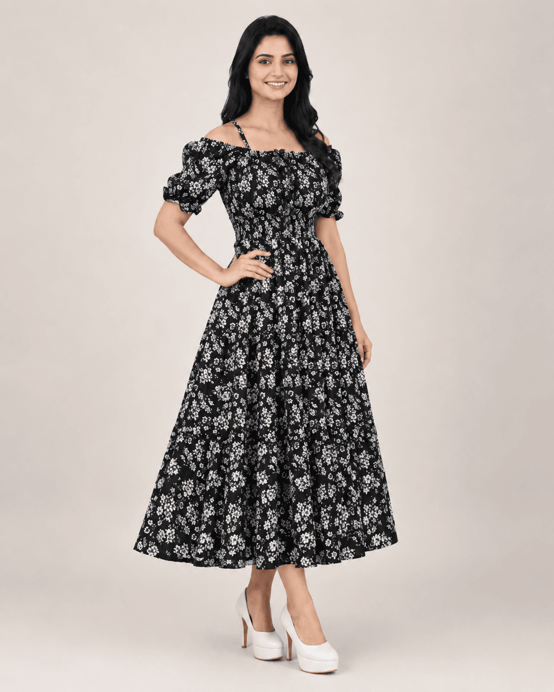 Black Floral Fit-and-Flare Maxi Dress, view 4