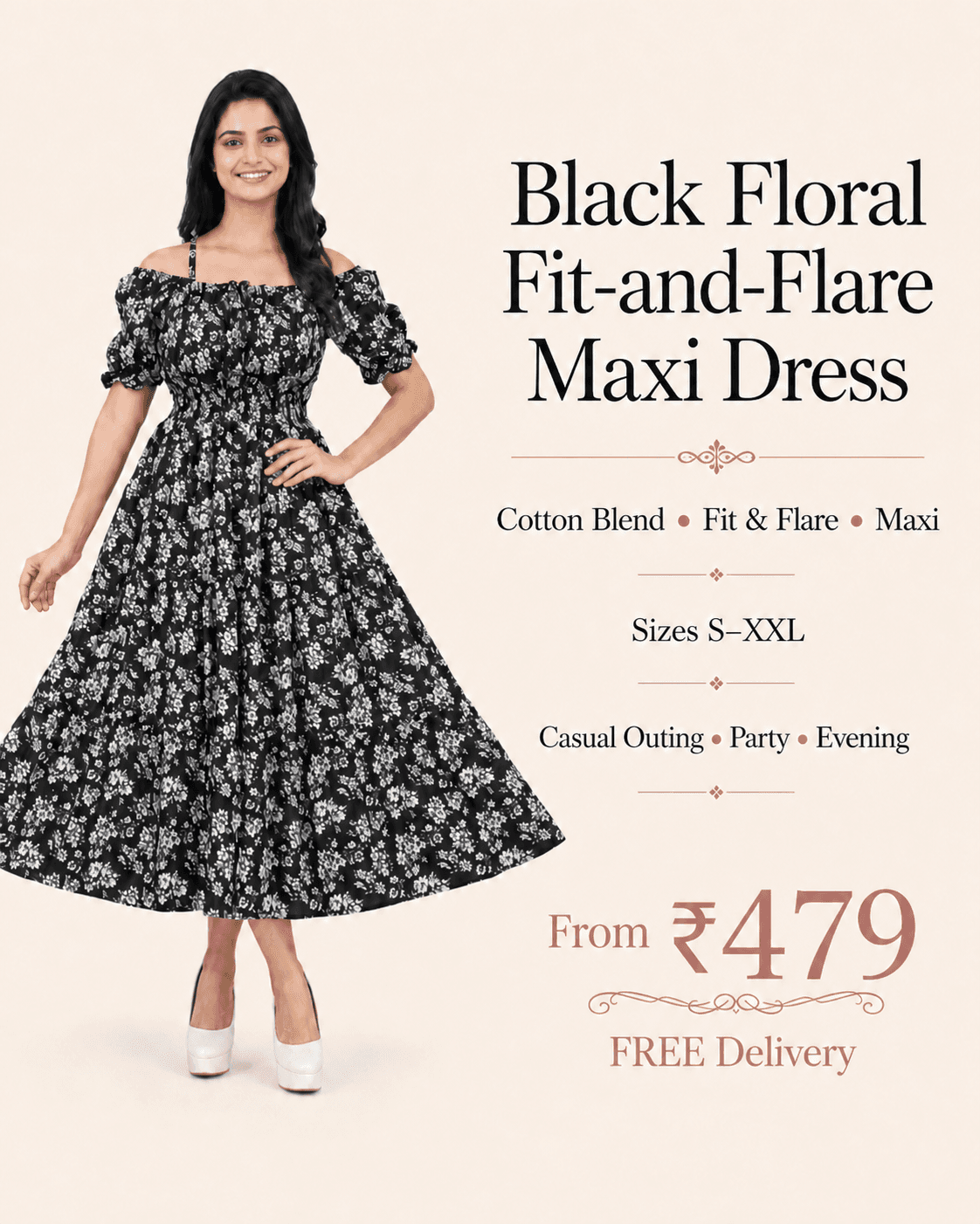 Black Floral Fit-and-Flare Maxi Dress, view 6