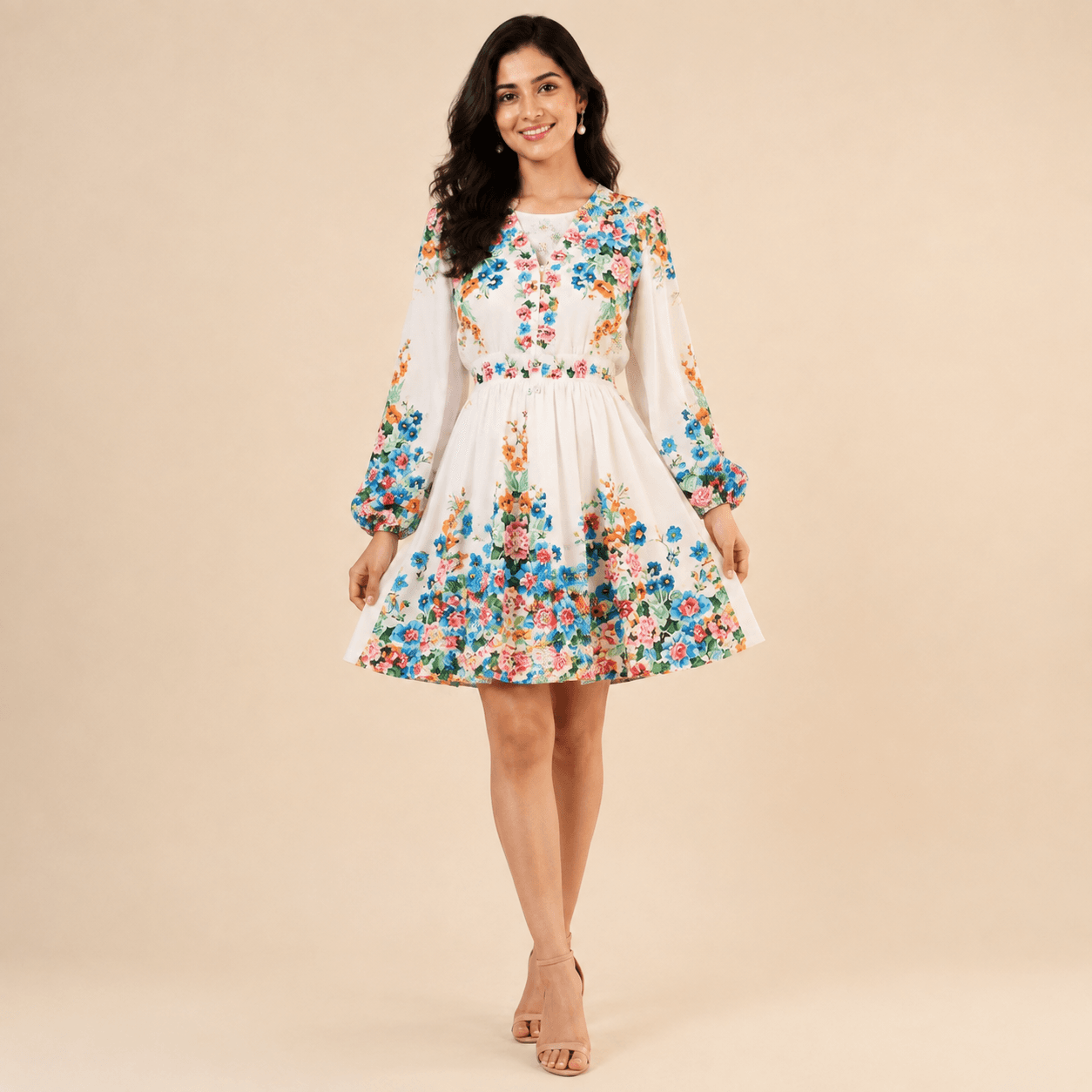 White Floral Puff-Sleeve Mini Dress, view 2