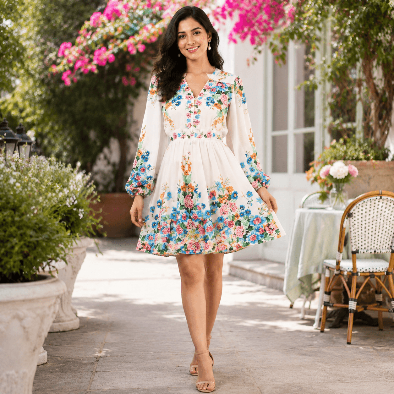 White Floral Puff-Sleeve Mini Dress, view 3