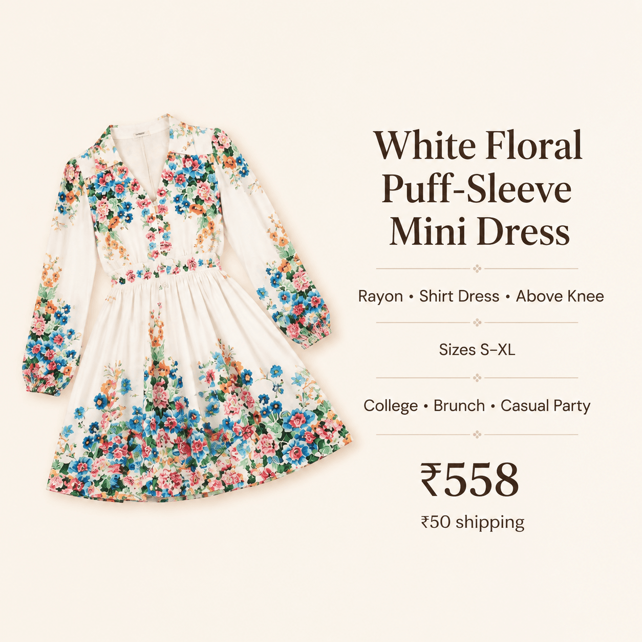 White Floral Puff-Sleeve Mini Dress, view 6
