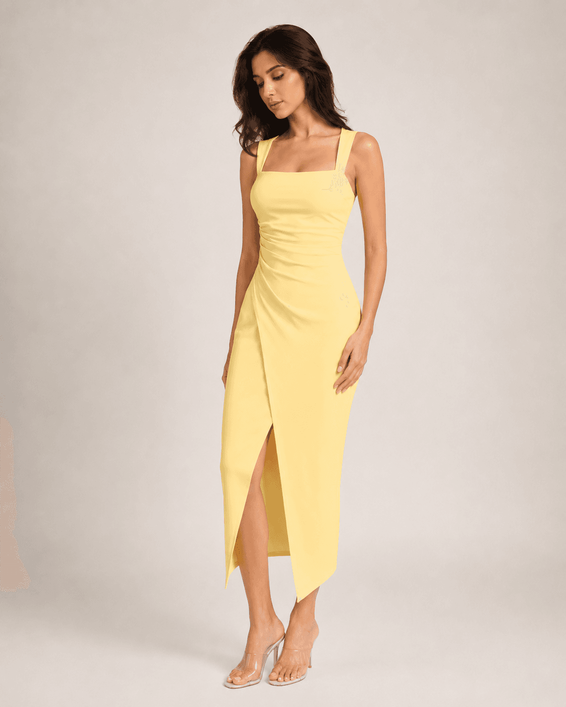 Lemon Yellow Bodycon Midi Dress, view 4