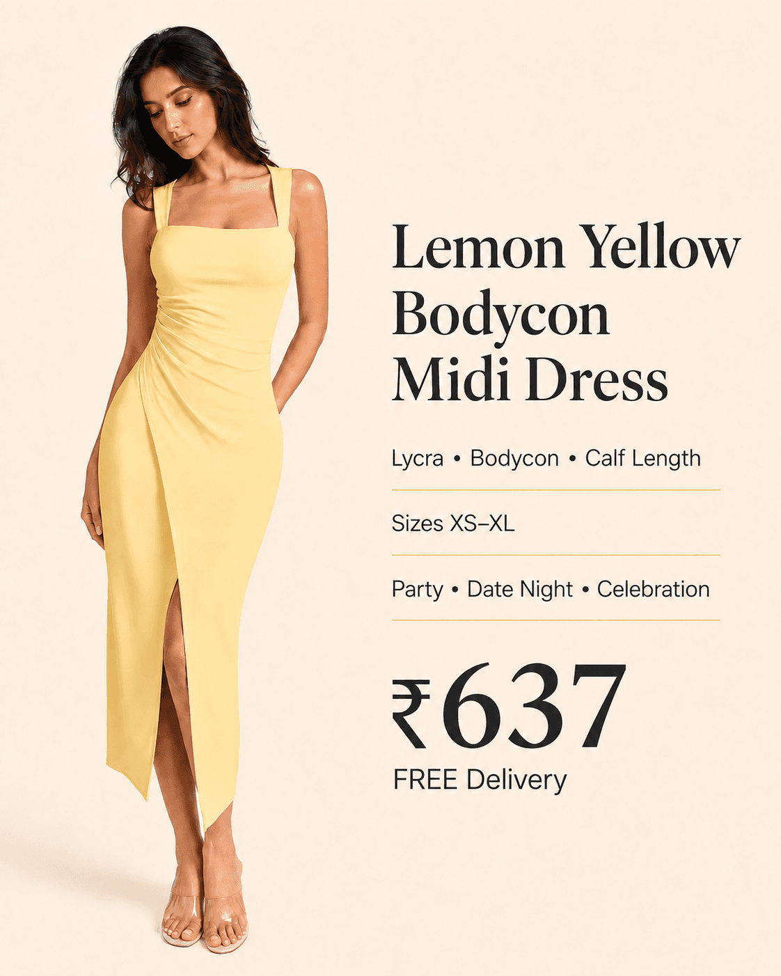 Lemon Yellow Bodycon Midi Dress, view 6
